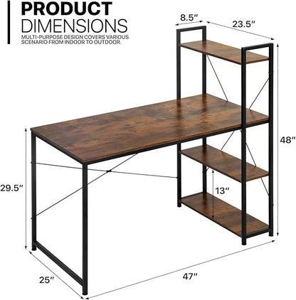 MoNiBloom Computer Desk with 4 Tier Storage Shelves, 47 Inches Home Office Study Writing Desks with Display Bookshelf, Rustic Brown