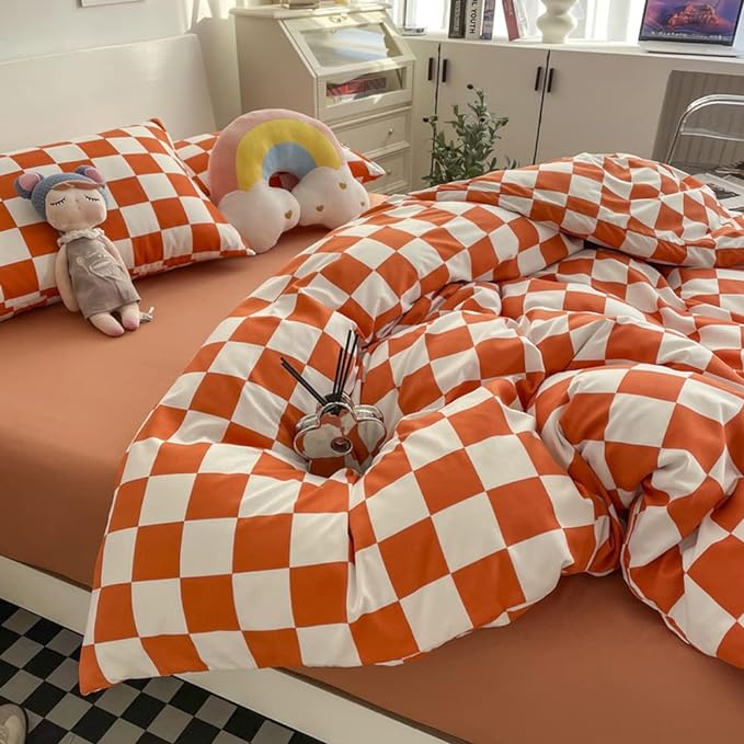 Wellboo Orange Plaid Comforter Sets King Size Women Girls Light Red Checkerboard Bedding Comforters Cotton Rust Caramel and White Checkered Geometric Quilts Adults Modern Buffalo Grid Abstract Bed