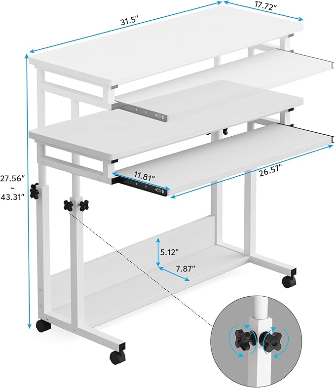 Tribesigns Portable Desk for Sofa and Bed, Height Adjustable Mobile Laptop Table Small Standing Desk Rolling Computer Cart with Keyboard Tray on Wheels for Home Office (White)