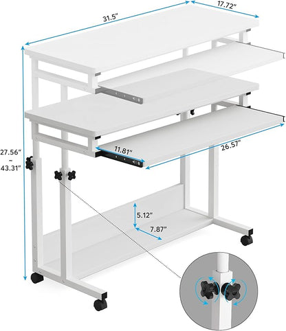 Tribesigns Portable Desk for Sofa and Bed, Height Adjustable Mobile Laptop Table Small Standing Desk Rolling Computer Cart with Keyboard Tray on Wheels for Home Office (White)