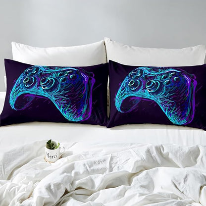 Gamer Comforter Set for Boys Teens Blue and Black Gaming Bedding Set Video Game Bedding Home Decor for Kids Comforter Twin Size 2 Pieces Gamepad Quilted Duvet Set 1 Comforter with 1 Pillowcase