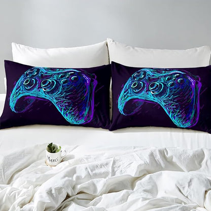Gamer Comforter Set for Boys Teens Blue and Black Gaming Bedding Set Video Game Bedding Home Decor for Kids Comforter Queen Size 3 Pieces Gamepad Quilted Duvet Set 1 Comforter with 2 Pillowcases