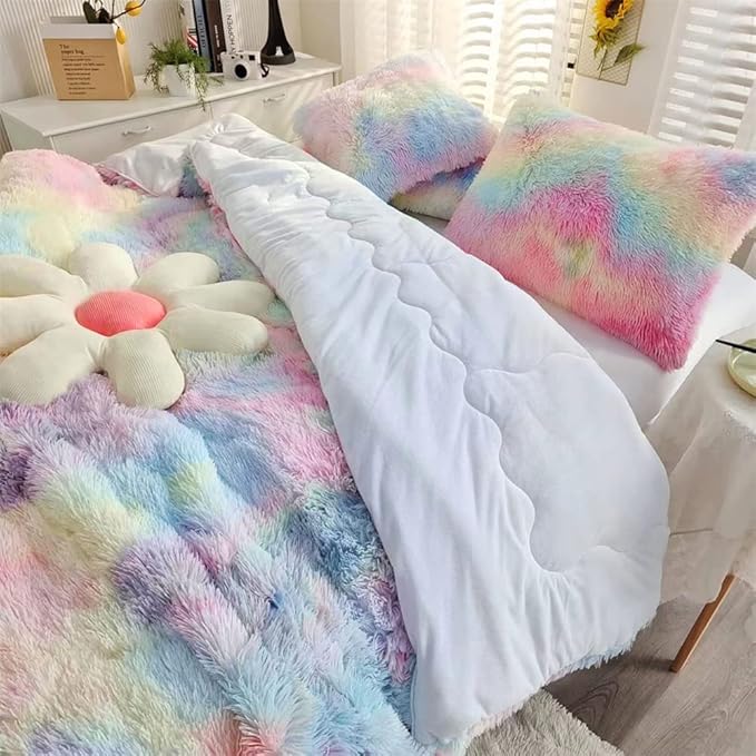 Faux Fur Kids Girls Rainbow Comforter Sets Queen - 3PC Bed Set Warm Comfortable Soft Plush Flannel Velvet Fluffy Fuzzy Bedding（Comforter x 1 Pillowcases x 2）