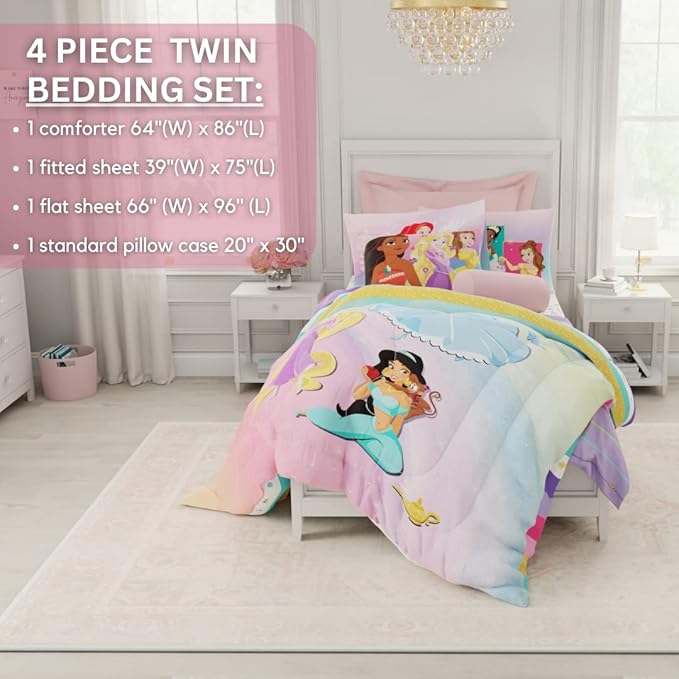 Disney Princess Ariel Kids Bedding Super Soft Comforter And Sheet Set, 4 Piece Twin Size, "Official" Disney Product By Franco