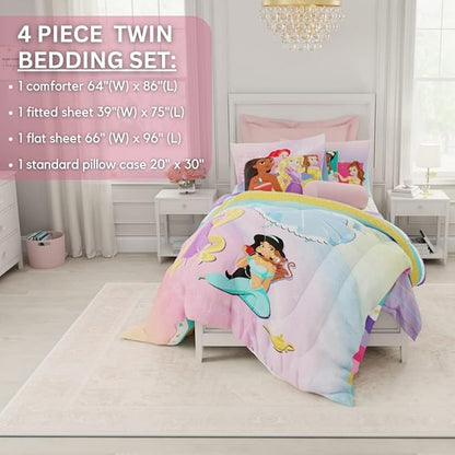 Disney Princess Ariel Kids Bedding Super Soft Comforter And Sheet Set, 4 Piece Twin Size, "Official" Disney Product By Franco