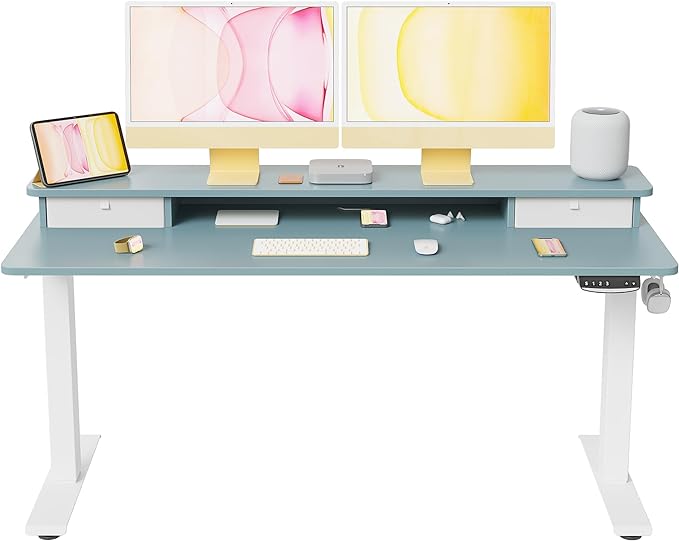 FEZIBO 55 x 24 Inch Height Adjustable Electric Standing Desk with Double Drawer, Stand Up Desk with Storage Shelf, Sit Stand Desk, Blue