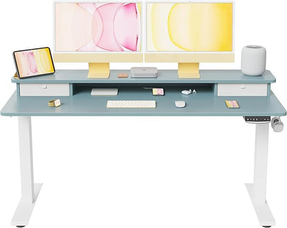 FEZIBO 55 x 24 Inch Height Adjustable Electric Standing Desk with Double Drawer, Stand Up Desk with Storage Shelf, Sit Stand Desk, Blue