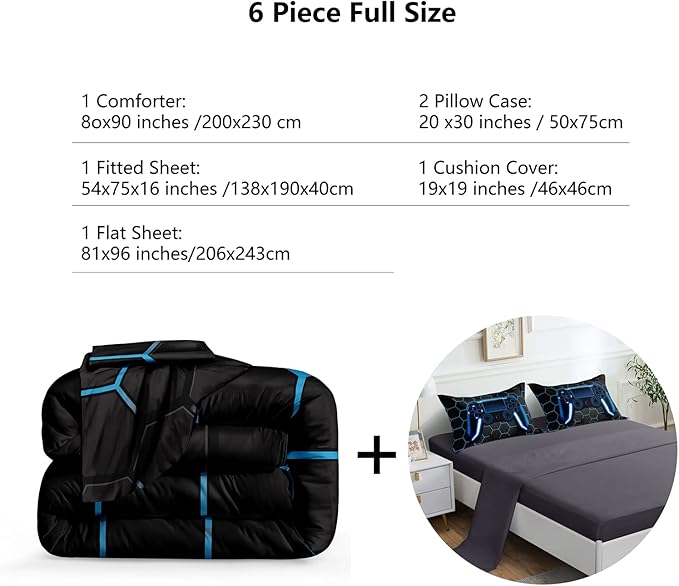 6 Pieces Gaming Bedding Set for Boys Gamer Comforter Set Full Size,Game Controller Comforter for Boys Kids Teen 3D Gamepad Microfiber Bedding Sets 6 Pieces Bed in A Bag Sets-H50022,Full