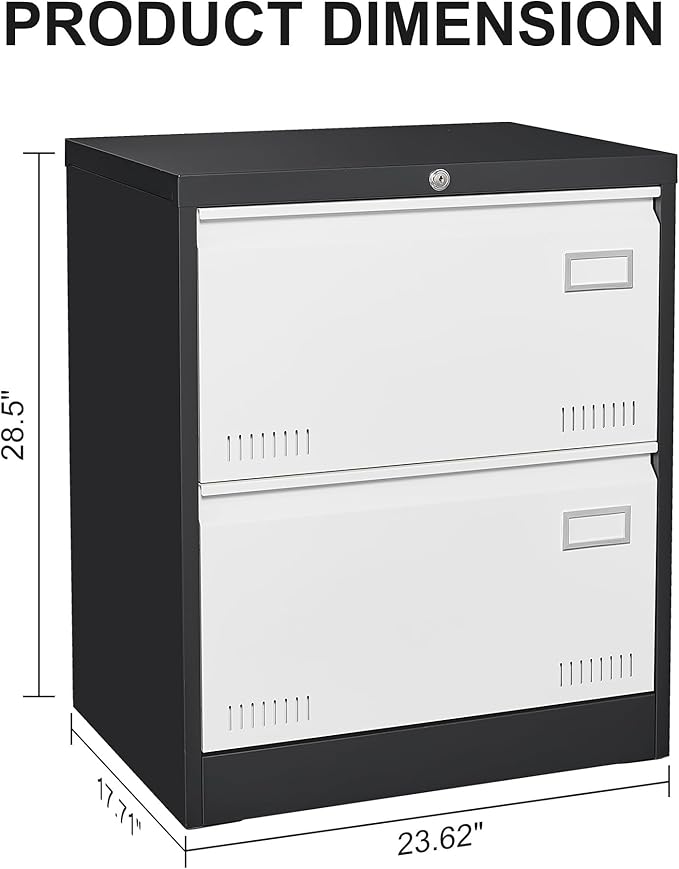 2 Drawer Metal Lateral Lock and Card Holder,Office Vertical Files Storage Cabinets w/Heavy 3 Section Slide Rail & Breathable Holes,for Legal/Letter/A4,Black+White