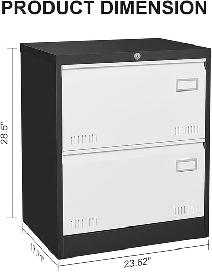 2 Drawer Metal Lateral Lock and Card Holder,Office Vertical Files Storage Cabinets w/Heavy 3 Section Slide Rail & Breathable Holes,for Legal/Letter/A4,Black+White