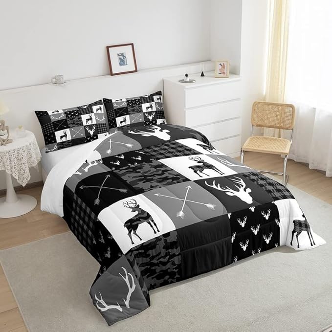 Deer Silhouette Comforter Set Queen Size,Camo Western Rustic Farmhouse Xmas Bedding Set 3pcs for Kids Teens Home Room Decor,Antlers Arrow Geometric Quilt Set,Black Grey Duvet Insert,2 Pillowcases