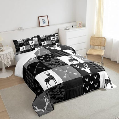 Deer Silhouette Comforter Set Queen Size,Camo Western Rustic Farmhouse Xmas Bedding Set 3pcs for Kids Teens Home Room Decor,Antlers Arrow Geometric Quilt Set,Black Grey Duvet Insert,2 Pillowcases