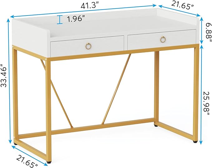 Tribesigns White Gold Computer Desk with 2 Drawers, Modern Desk 41.3 inch Simple Study Writing Desks with Storage, White Gold Makeup Vanity Desk for Home Office Bedroom Console Table