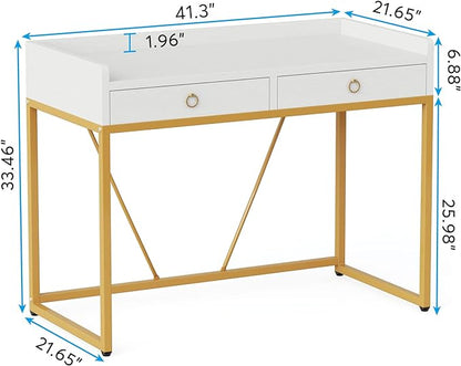 Tribesigns White Gold Computer Desk with 2 Drawers, Modern Desk 41.3 inch Simple Study Writing Desks with Storage, White Gold Makeup Vanity Desk for Home Office Bedroom Console Table