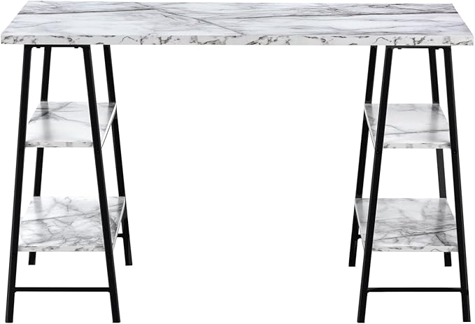 Monarch Specialties 7527 Computer Desk, Home Office, Laptop, Storage Shelves, 48" L, Work, Metal, Laminate, White Marble Look, Black, Contemporary, Modern Desk-48, 47.25" L x 23.75" W x 30" H