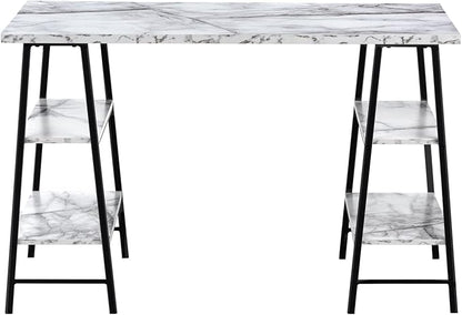 Monarch Specialties 7527 Computer Desk, Home Office, Laptop, Storage Shelves, 48" L, Work, Metal, Laminate, White Marble Look, Black, Contemporary, Modern Desk-48, 47.25" L x 23.75" W x 30" H