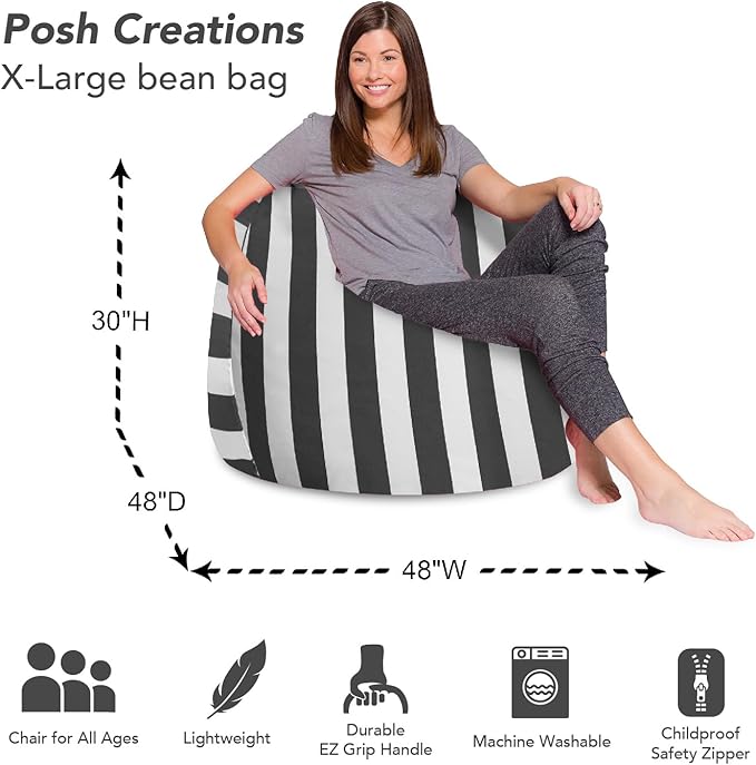 Posh Creations Bean Bag Chair for Kids, Teens, and Adults Includes Removable and Machine Washable Cover, Canvas Stripes Gray and White, 48in - X-Large