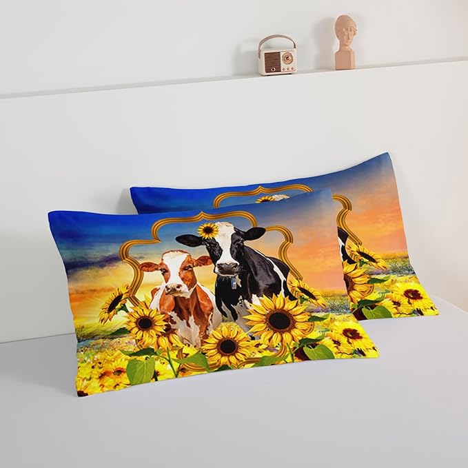 HOSIMA Animal Theme Bedding Set Bull and Cow Comforter with 2 Pillowcases,Sunflower Comforter Set for Adults Teens Kids,Brown Cowhide Black White Cow Print Western Bedding Sets Queen.