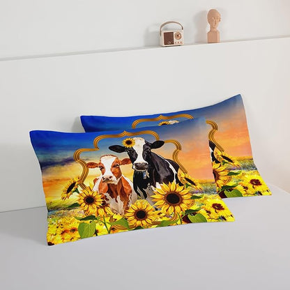 HOSIMA Animal Theme Bedding Set Bull and Cow Comforter with 2 Pillowcases,Sunflower King Size Comforter Set for Adults Teens Kids,Brown Cowhide Black White Cow Print Western Bedding Sets.