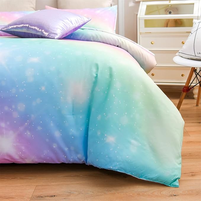 Holawakaka Girls Ombre Glitter Comforter Set, Twin Size Gradient Rainbow Galaxy Print Kids Bedding Sets, Multi-color Ultra-soft Dorm Bed Set (Pink Green, Twin)