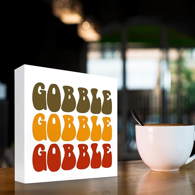 Autumn Desk Decor,Groovy Gobble Gobble Fall Thanksgiving Wood Block Sign Desk Decor,Rustic Autumn Seasonal Wooden Box Plaque Sign Desk Decor for Home Shelf Table Decorations