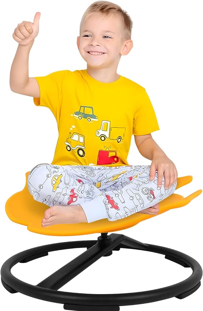Kids Swivel Chair, Kids Spinning Chair Yellow Sensory Products Wobble Chair Metal Base Non-Slip Seat and Spin Chair for Autism Child Body Coordination Training Age 2-10