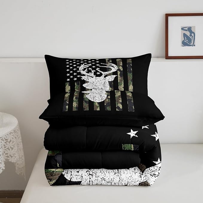 Deer Camo Comforter Set Queen Antlers Hunting Camo Bedding Sets For Teen Boys Men Camouflage American Flag Bed Comforter Set ,Western Farmhouse Wild Animal Bedding Quilt Black White Home Decor 3 Pcs