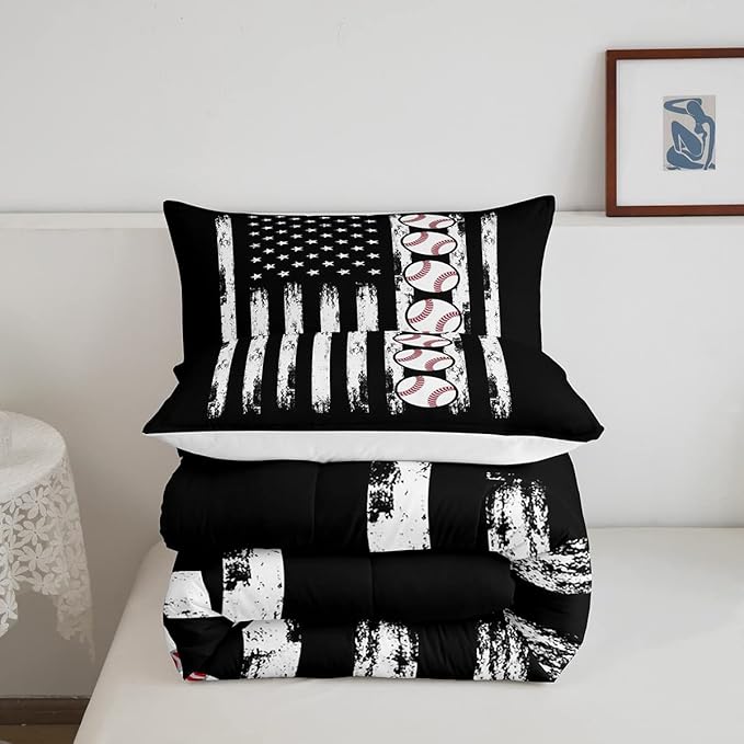 Feelyou Baseball Comforter American Flag Comforter Set Kids Boys Baseball Sports Games Bedding Set Children Girls Teens Black and White Ball Microfiber Quilt Set Room Decor for All Season Twin Size
