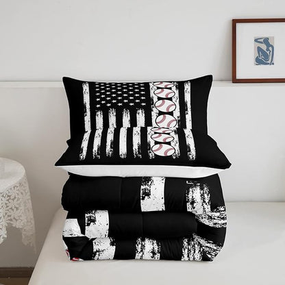 Feelyou Baseball Comforter American Flag Comforter Set Kids Boys Baseball Sports Games Bedding Set Children Girls Teens Black and White Ball Microfiber Quilt Set Room Decor for All Season Twin Size