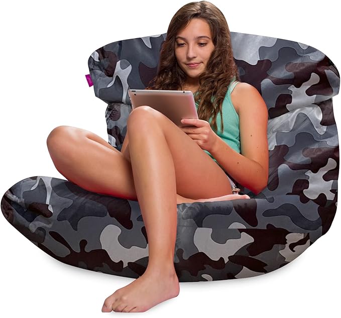 Posh Creations Structured Comfy Bean Bag Chair for Gaming, Reading and Watching TV, Laguna Lounger, Nylon - Camo Dark and Black Gray