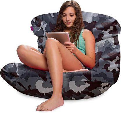 Posh Creations Structured Comfy Bean Bag Chair for Gaming, Reading and Watching TV, Laguna Lounger, Nylon - Camo Dark and Black Gray