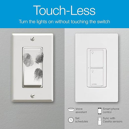 Lutron Caseta Original Smart Switch 3-Way Kit, w/ Pico Remote, Wallplate, and Wall Bracket, for LED Lights and Fans, 5 Amp, Neutral Required, P-PKG1WS-WH