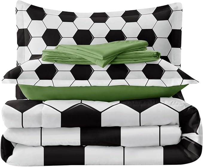 Soccer Comforter Set Twin for Boys Girls, 4 Pieces Soccer Bedding Twin Bed in a Bag Set with Sheets, Black and White Bed Sets for Teenage
