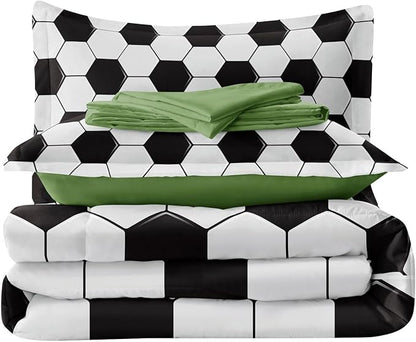 Soccer Comforter Set Twin for Boys Girls, 4 Pieces Soccer Bedding Twin Bed in a Bag Set with Sheets, Black and White Bed Sets for Teenage