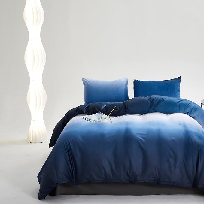 Blue White Gradient Comforter Set King Blue Velvet Bedding Comforter Modern Plain White and Royal Blue Gradient Soft Quilt Farmhouse Flannel Comforter Warm King Bed Comforter