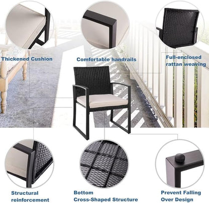 Shintenchi 3 Pieces Outdoor Patio Furniture Set Modern Black Wicker Bistro Set Rattan Chair Conversation with Coffee Table for Yard Porch Poolside Lawn(Beige)