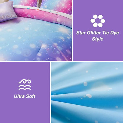 A Nice Night 6Pcs Gradient Glitter Bedding Set for Girls, Colorful Rainbow Galaxy Comforter Set, Ultra Soft Bedding Sets (Purple,Queen 6Pcs)