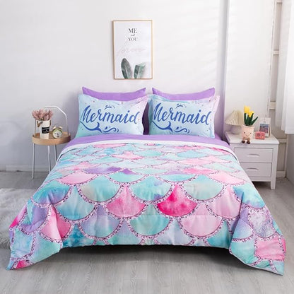 Wajade Kid Mermaid Scale Comforter Bedding Set Queen Size, Colorful Rainbow 3D Fish Scale 7 Pieces Soft Bedding Sets with Comforter, Sheet, Pillowcase and Sham for Girls