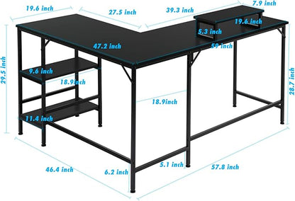 L-Shaped Desk,Corner Computer Desk with Storage Shelves,Large Gaming Desk PC Laptop Writing Workstation with Monitor Stand for Home Office Black