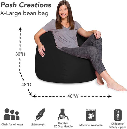 Posh Creations Bean Bag Chair for Kids, Teens, and Adults Includes Removable and Machine Washable Cover, Solid Black, 48in - X-Large