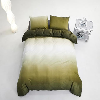 Green White Comforter Set Velvet King Gradient Olive Green Bedding Comforter Women Plain White and Army Green Gradient Soft Quilt Flannel Dark Green Comforter Warm King Bed Comforter