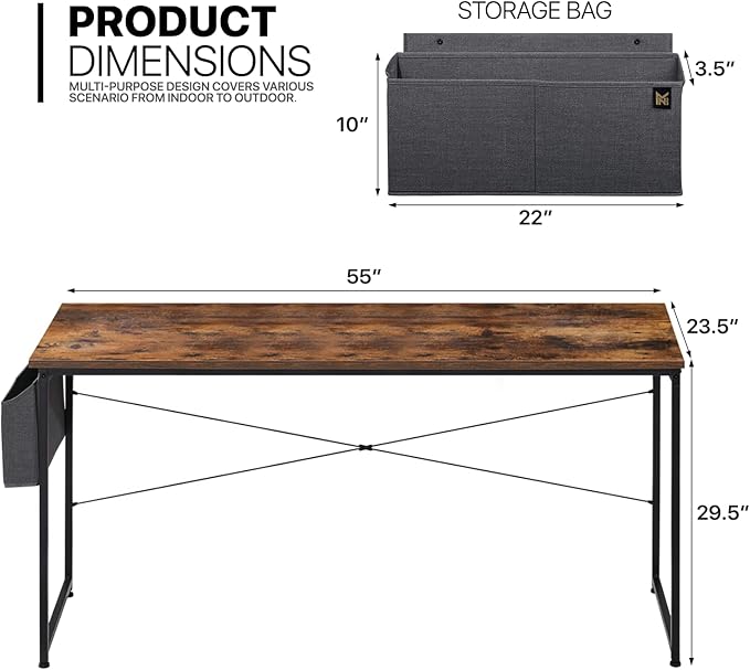 MoNiBloom Home Office Gaming Desk, 55 Inches Computer Study Table with A Storage Bag, Rustic Brown