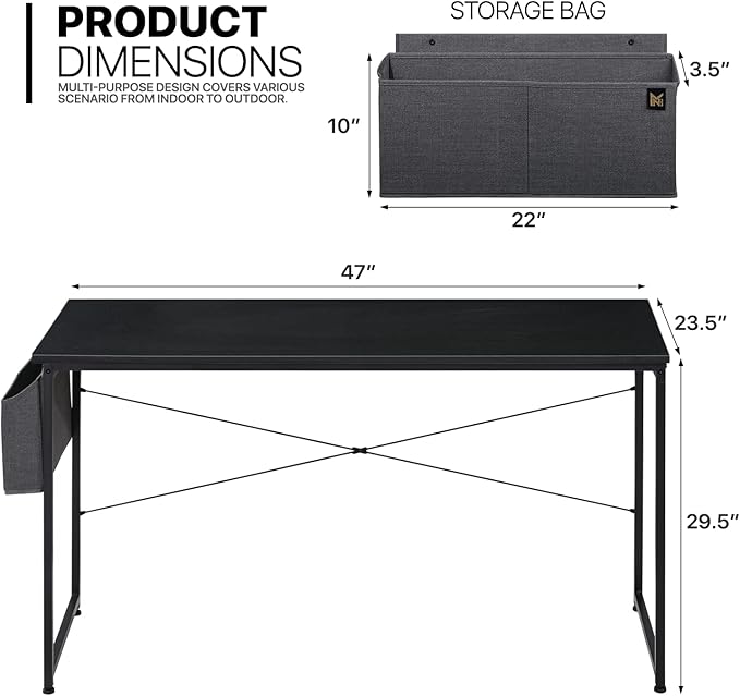 MoNiBloom Computer Desk 47", Simple Style Home Gaming Desk with Storage Bag, Office Writing Workstation- Black