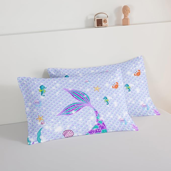 HOSIMA Mermaid Tail Comforter Set 3Pcs with 2 Pillowcases,Purple Fish Scales Bedding Set for Girls Kids Women,Cartoon Ocean Life Sea Animal King Size Comforter Set Mermaid Room Decor