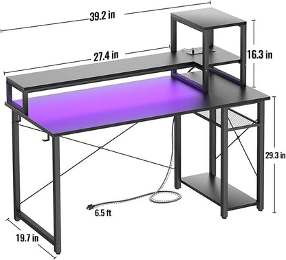 Gaming Desk with Lights & Power Outlets, 39.4' Computer Desk with Shelves, Small Desk for Small Space, Writing Desk with Monitor Stand, Black