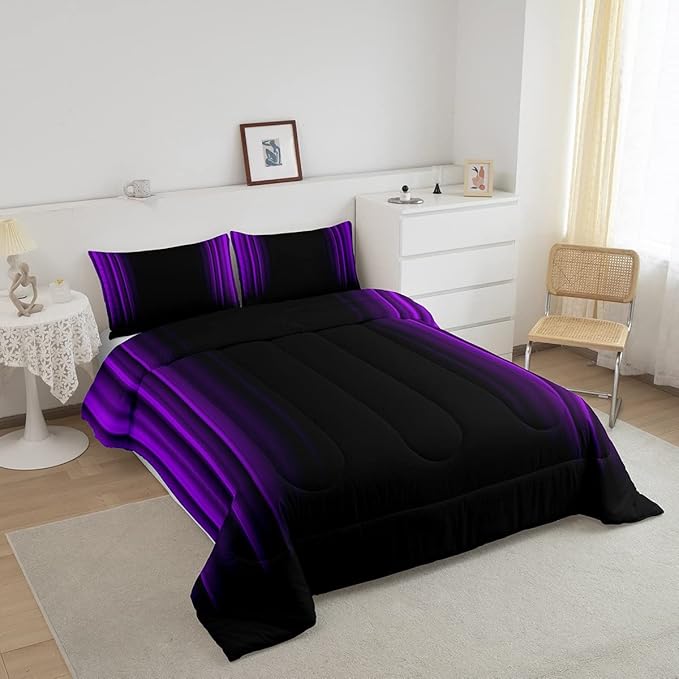 Geometric Abstract Ombre Comforter Set Kids Teens Purple and Black Striped Bedding Bed Set Decor Modern Fashion Comforter Inner Fill Bedroom Collection 3Pcs Queen Size