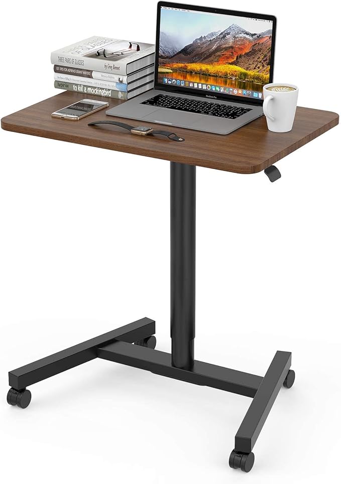 28-Inch Height Adjustable Laptop Desk, Sit-to-Stand Desk with Lockable Wheels, Rolling Standing Mobile Desk Cart for Home Office Classroom (Coffee)