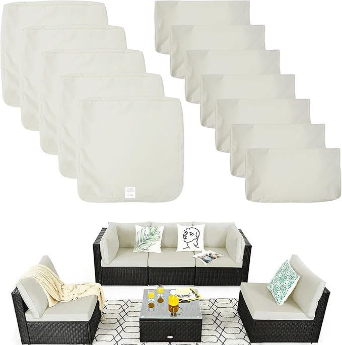 ClawsCover 12 Pack Outdoor Seat and Back Cushions Replacement Covers Fit for 6Pieces 5-Seater Wicker Rattan Patio Furniture Conversation Set Sectional Couch Chairs,Cream-Include Cover Only