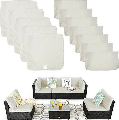 ClawsCover 12 Pack Outdoor Seat and Back Cushions Replacement Covers Fit for 6Pieces 5-Seater Wicker Rattan Patio Furniture Conversation Set Sectional Couch Chairs,Cream-Include Cover Only