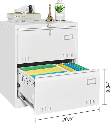 2 Drawer Lateral Lock and Card Holder, Multifunctional Metal Filing Cabinets w/Heavy 3 Section Slide Rail & Breathable Holes,for Legal/Letter/A4,White
